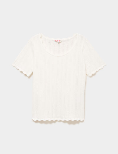 Pull col rond textur&eacute; manches courtes blanc femme