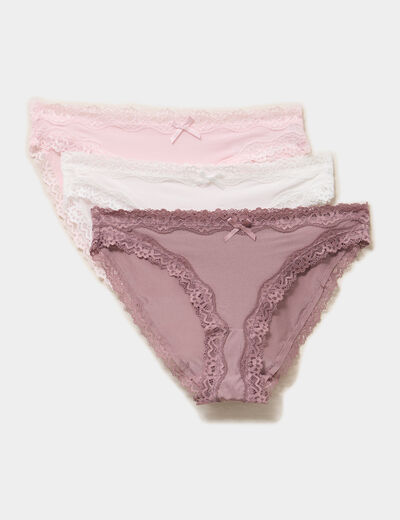 Lot 3 culottes &agrave; dentelle doubl&eacute;es coton mauve femme
