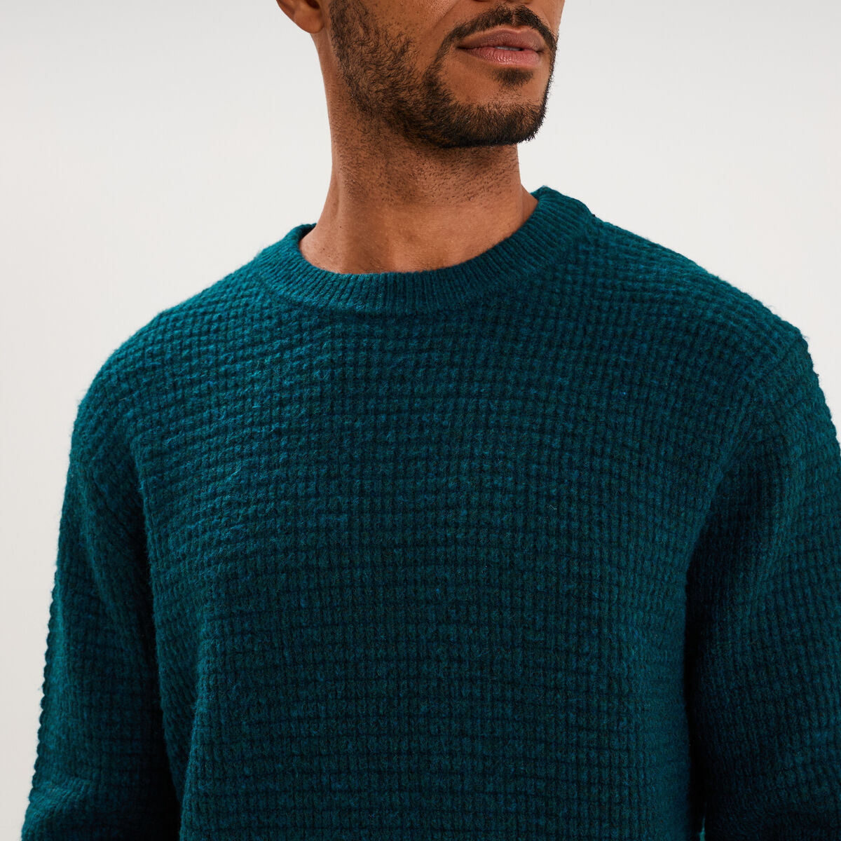 Pull col rond manches longues bleu canard homme