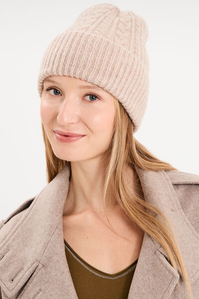 Bonnet tricot&eacute; torsades beige femme