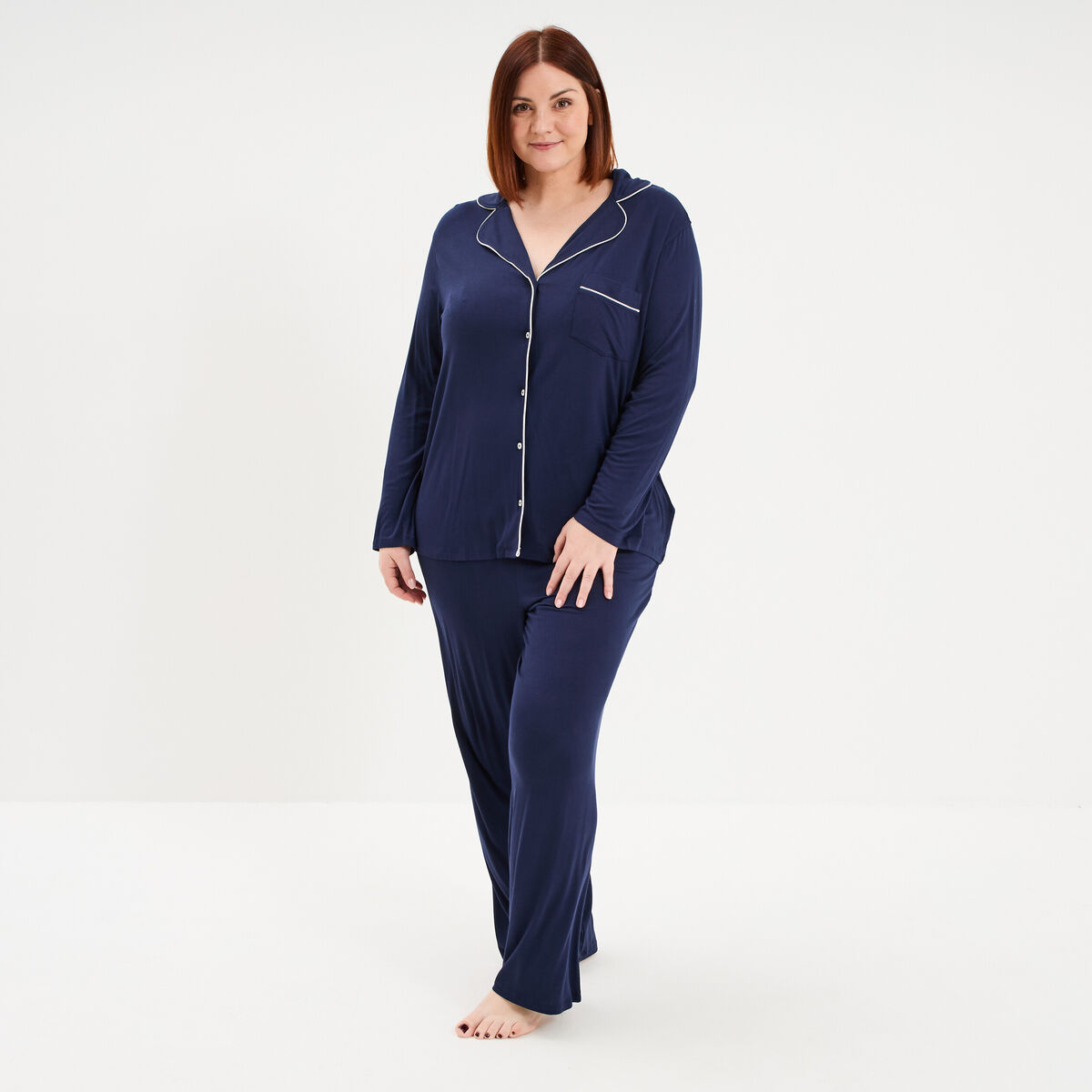 Ensemble pyjama fluide 2 pi&egrave;ces bleu marine femme grande taille