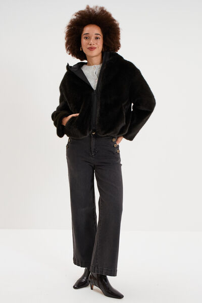 Parka r&eacute;versible capuche fausse fourrure noir femme