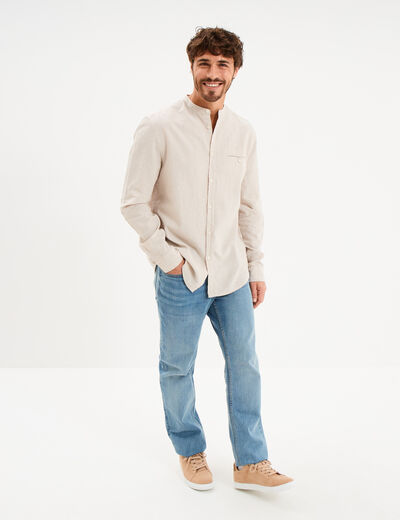 Chemise col mao lin m&eacute;lang&eacute; gris clair homme