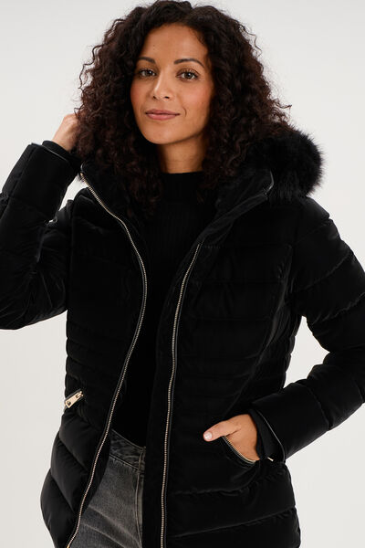 Doudoune courte capuche fausse fourrure noir femme