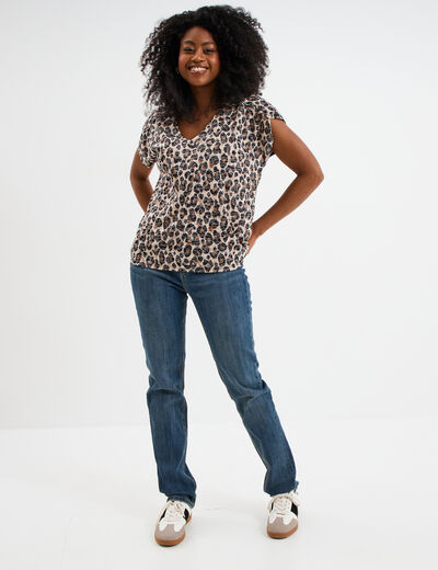 T-shirt col en V manches courtes beige femme