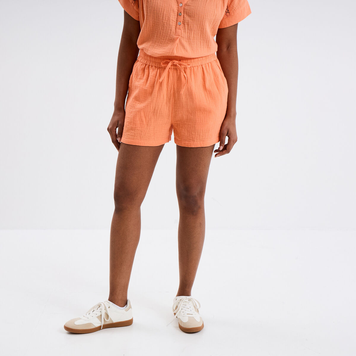 Short taille élastiquée gaze de coton orange corail femme