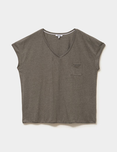 T-shirt effet chin&eacute; col en V avec poche vert kaki femme grande taille