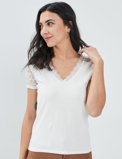 T-shirt détails dentelle dos ouvert ivoire femme