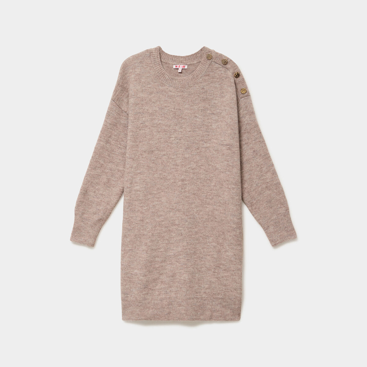Robe pull longueur genou boutons &eacute;paule beige femme