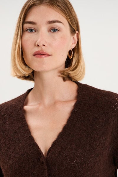 Gilet cardigan ajour&eacute; manches longues marron fonc&eacute; femme
