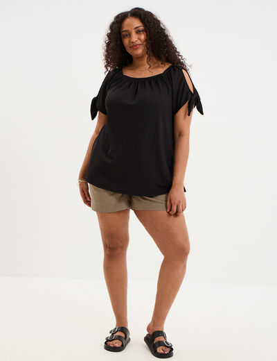 Short taille &eacute;lastiqu&eacute;e lin m&eacute;lang&eacute; vert kaki femme grande taille