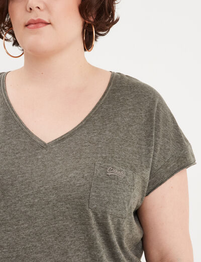 T-shirt effet chiné col en V avec poche vert kaki femme grande taille