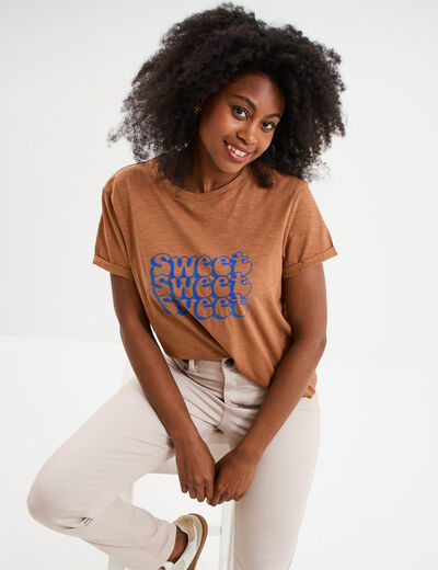 T-shirt manches courtes coton beige femme