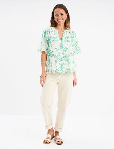 Blouse manches courtes papillons coton ecru femme