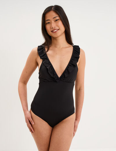 Maillot de bain une pi&egrave;ce volants noir femme