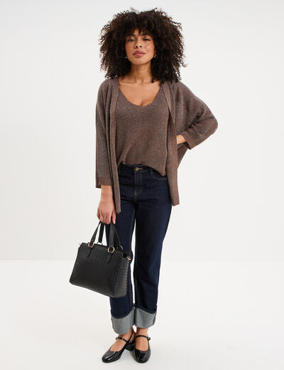 D&eacute;bardeur maille col en V marron cognac femme