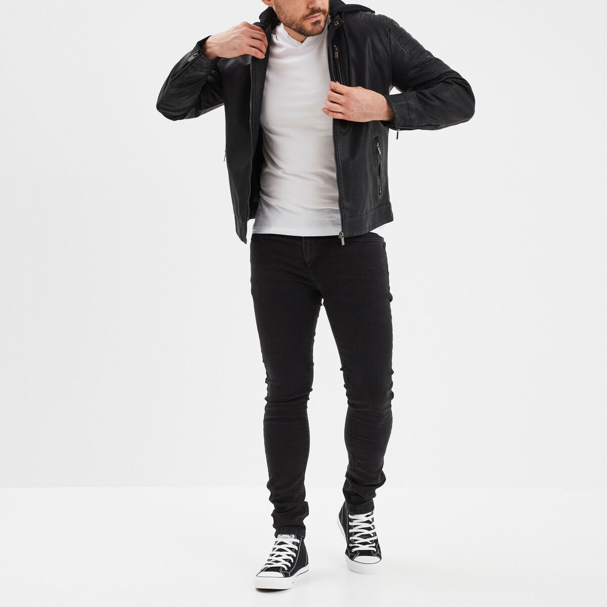 Veste biker &agrave; capuche amovible noir homme