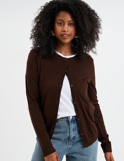 Gilet col rond manches longues marron foncé femme
