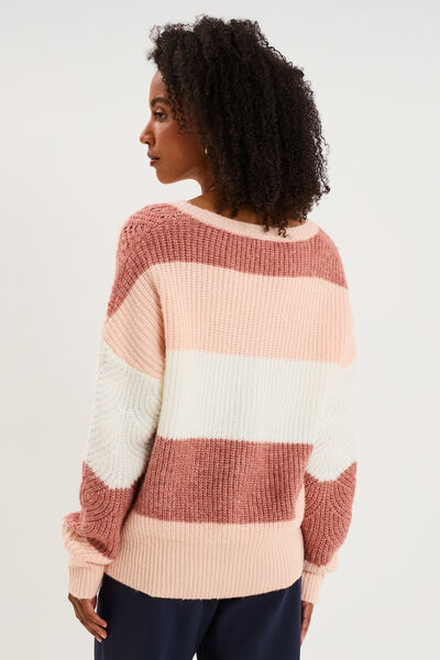 Pull col V ajour&eacute; manches longues rose clair femme