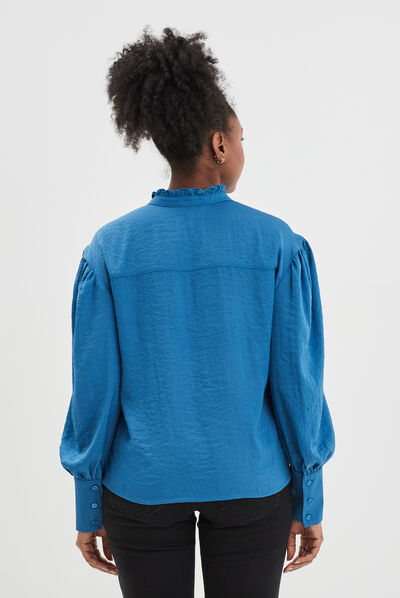 Blouse col montant manches bouffantes bleu femme