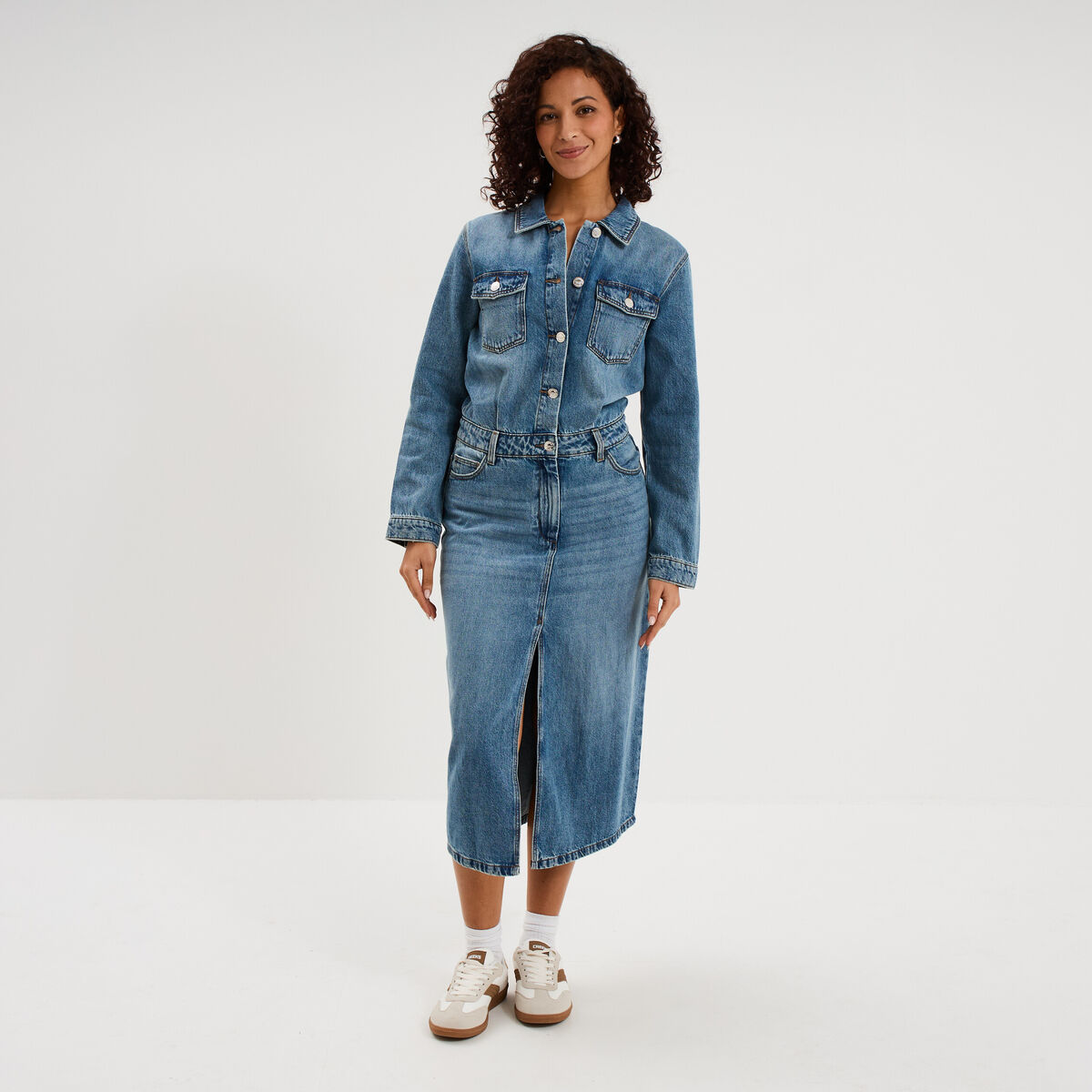 Robe longue en jean manches longues denim double stone femme
