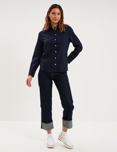 Chemise lin m&eacute;lang&eacute; manches longues bleu fonc&eacute; femme