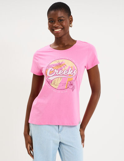 T-shirt manches courtes col rond coton rose femme