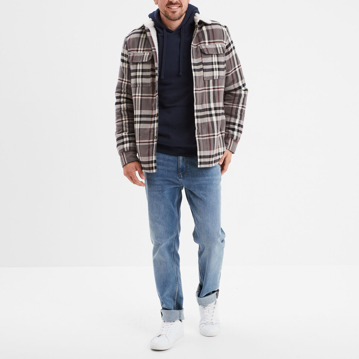 Surchemise carreaux doubl&eacute;e effet sherpa prune homme