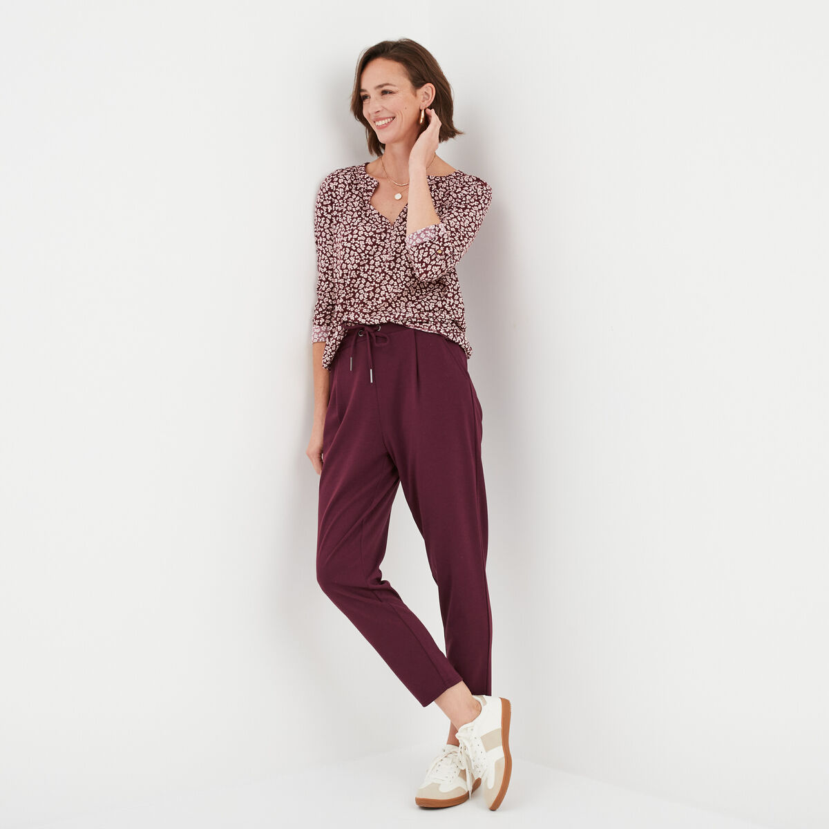 T-shirt manches longues à revers bordeaux femme