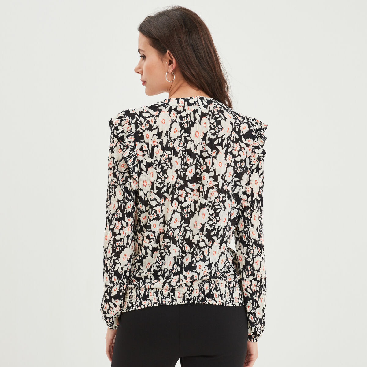 T-shirt cordons à nouer et volants noir femme