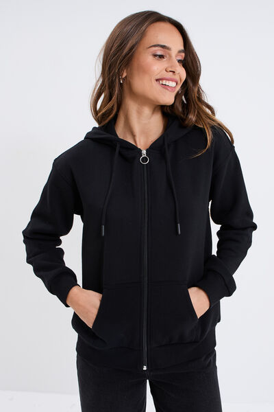 Sweat zipp&eacute; &agrave; capuche molleton noir femme