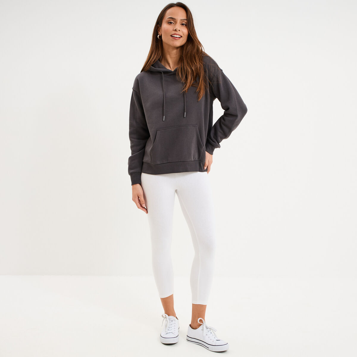 Sweat hoodie molleton &agrave; capuche gris fonc&eacute; femme