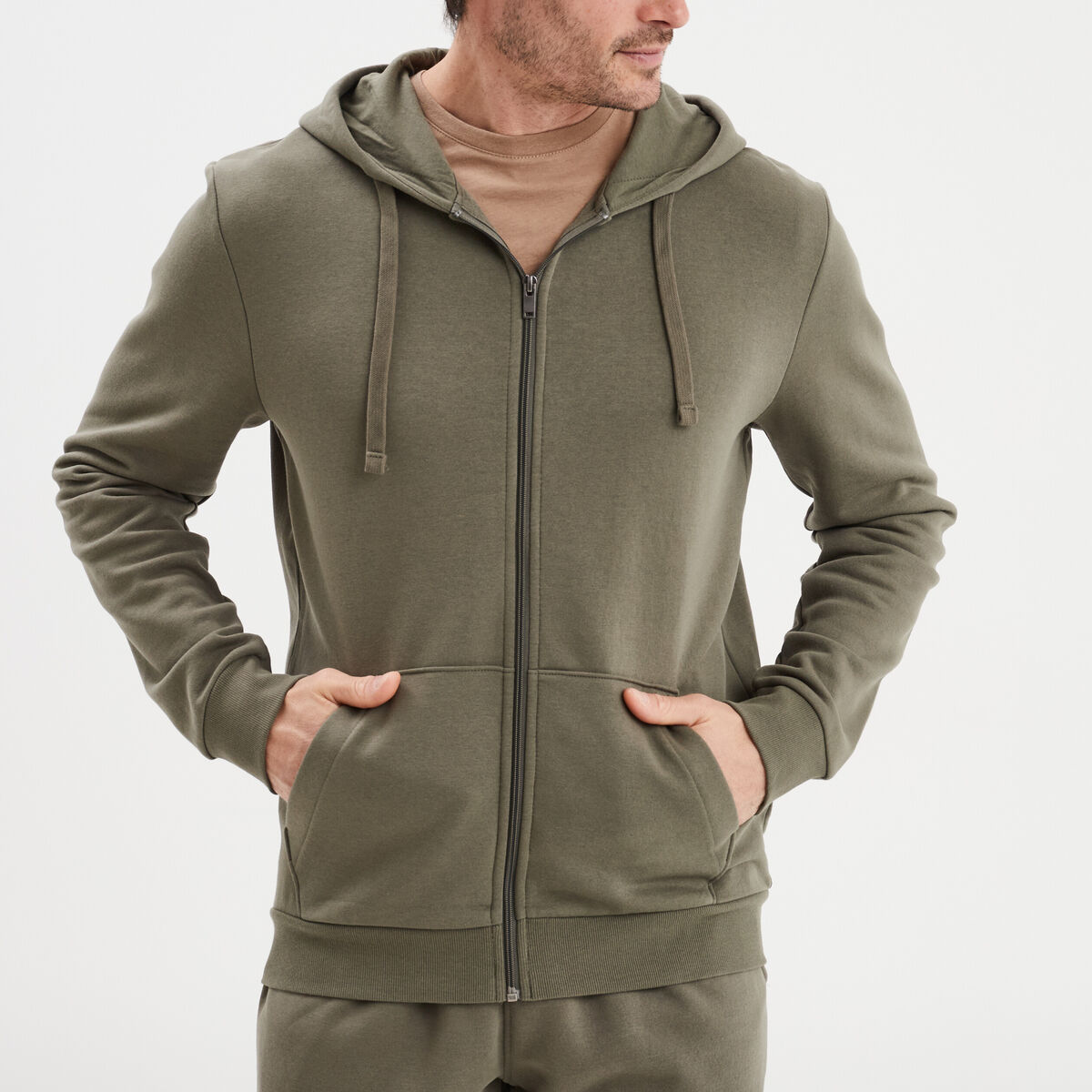 Sweat zipp&eacute; molleton &agrave; capuche vert kaki homme