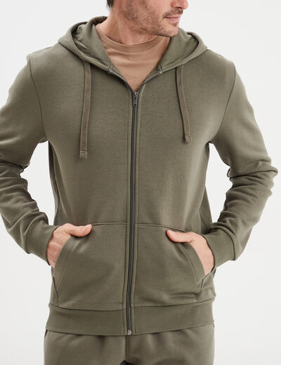 Sweat zipp&eacute; molleton &agrave; capuche vert kaki homme
