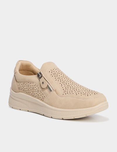 Loafers zippés perforations pied large sable femme