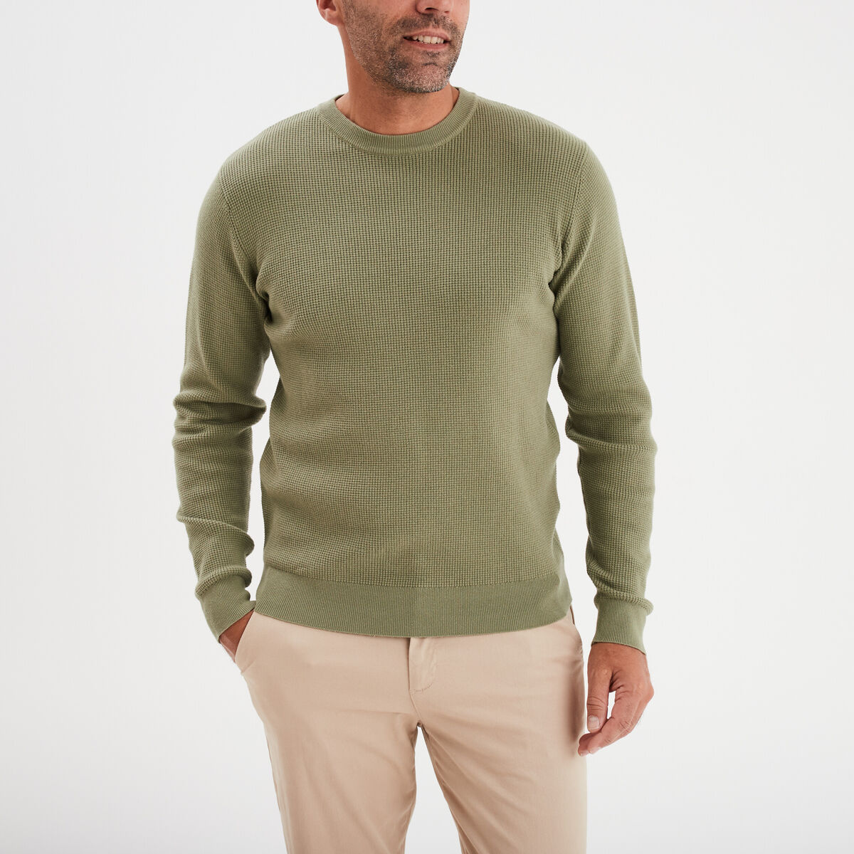 Pull en maille textur&eacute;e col rond vert kaki homme