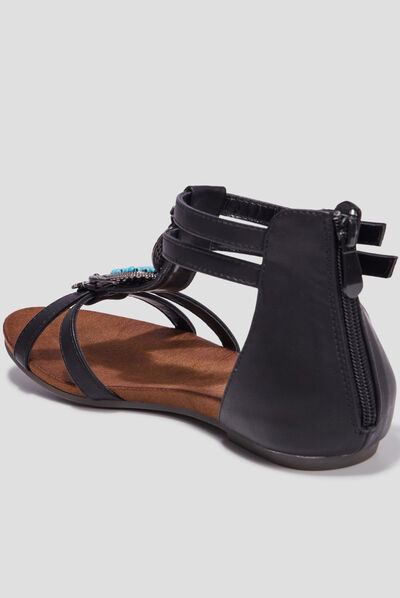 Sandales zippées avec détails bijoux noir femme