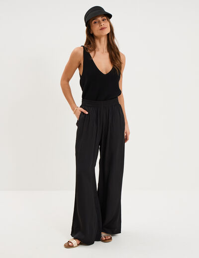 Pantalon large effet satin&eacute; &eacute;lastiqu&eacute; noir femme