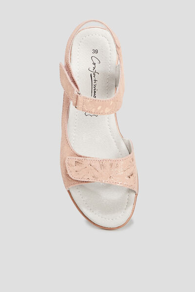 Sandales à scratchs en cuir rose femme
