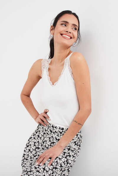 Débardeur détail dentelle ajusté ecru femme