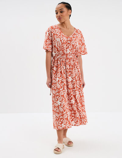 Robe midi cordons taille évasée terracotta femme