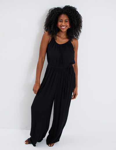 Combinaison pantalon fluide en crêpe noir femme