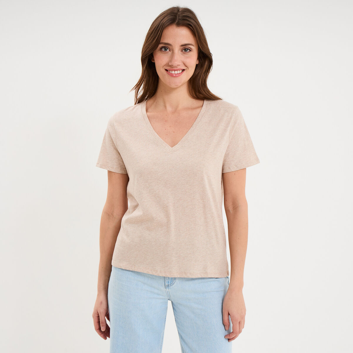 T-shirt manches courtes col en V coton beige femme
