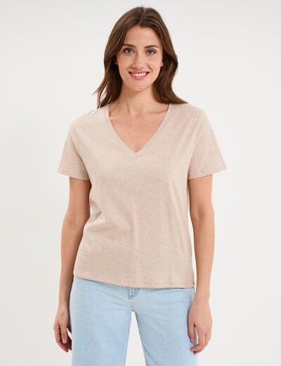 T-shirt manches courtes col en V coton beige femme