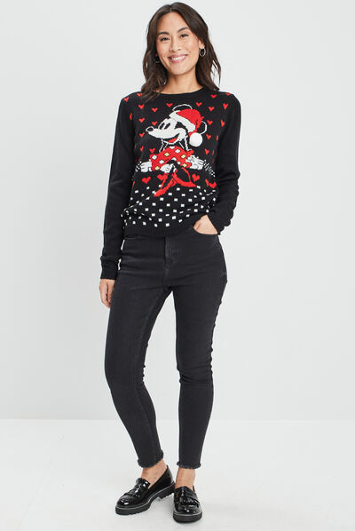 Pull de Noël manches longues Minnie noir femme