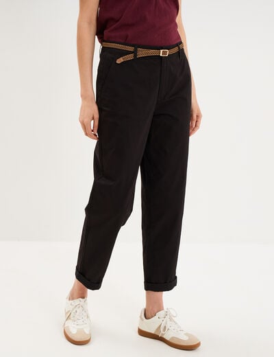 Pantalon chino regular ceinture tress&eacute;e noir femme