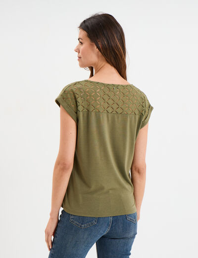 T-shirt col en V dentelle épaules et dos vert kaki femme