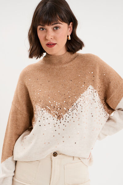 Pull col montant &agrave; sequins oversize beige femme