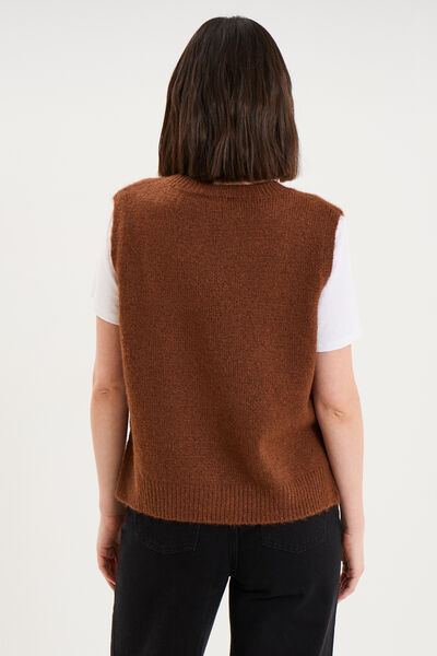 Pull col rond sans manches &agrave; boutons marron fonc&eacute; femme