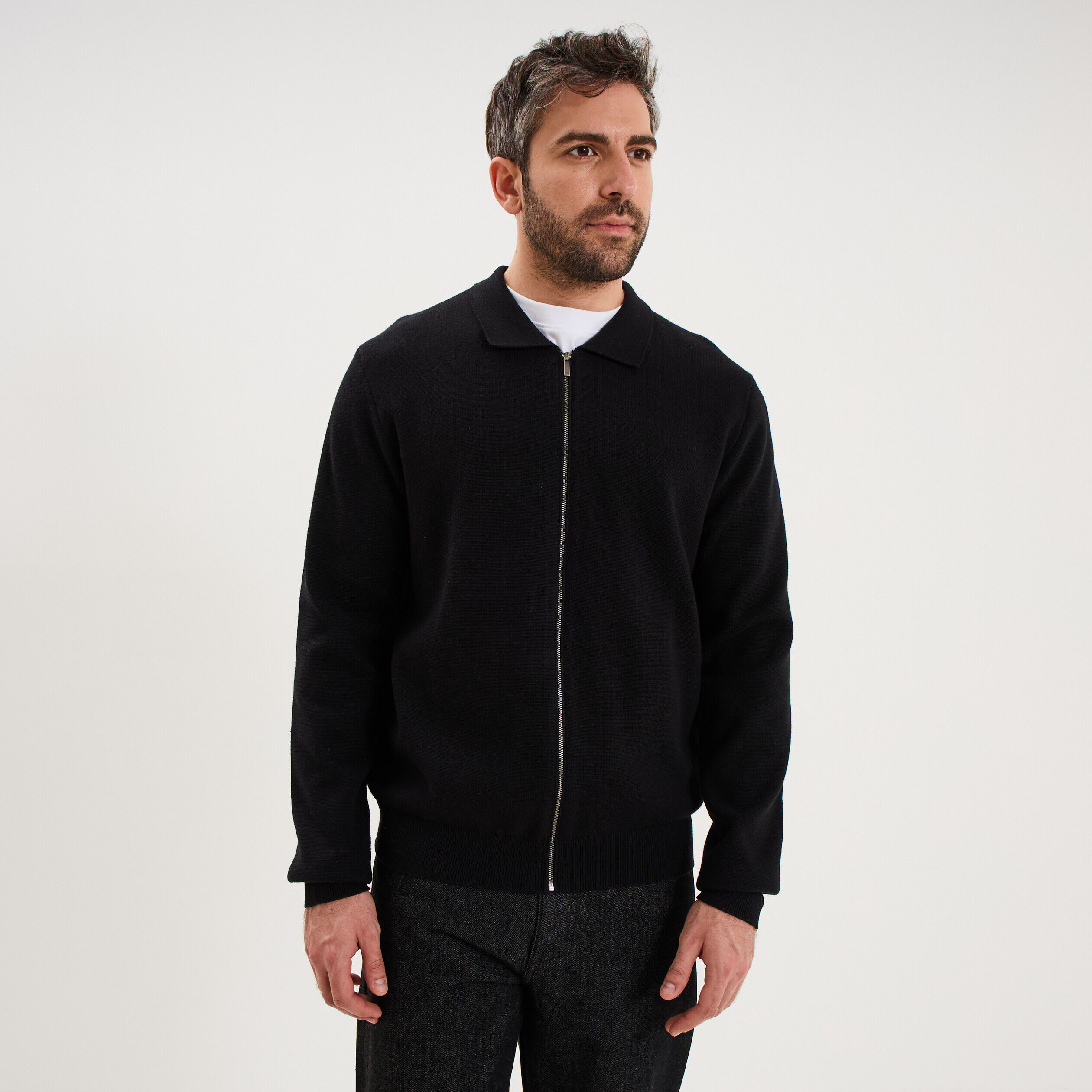 Gilet zippé en maille manches longues noir homme LH